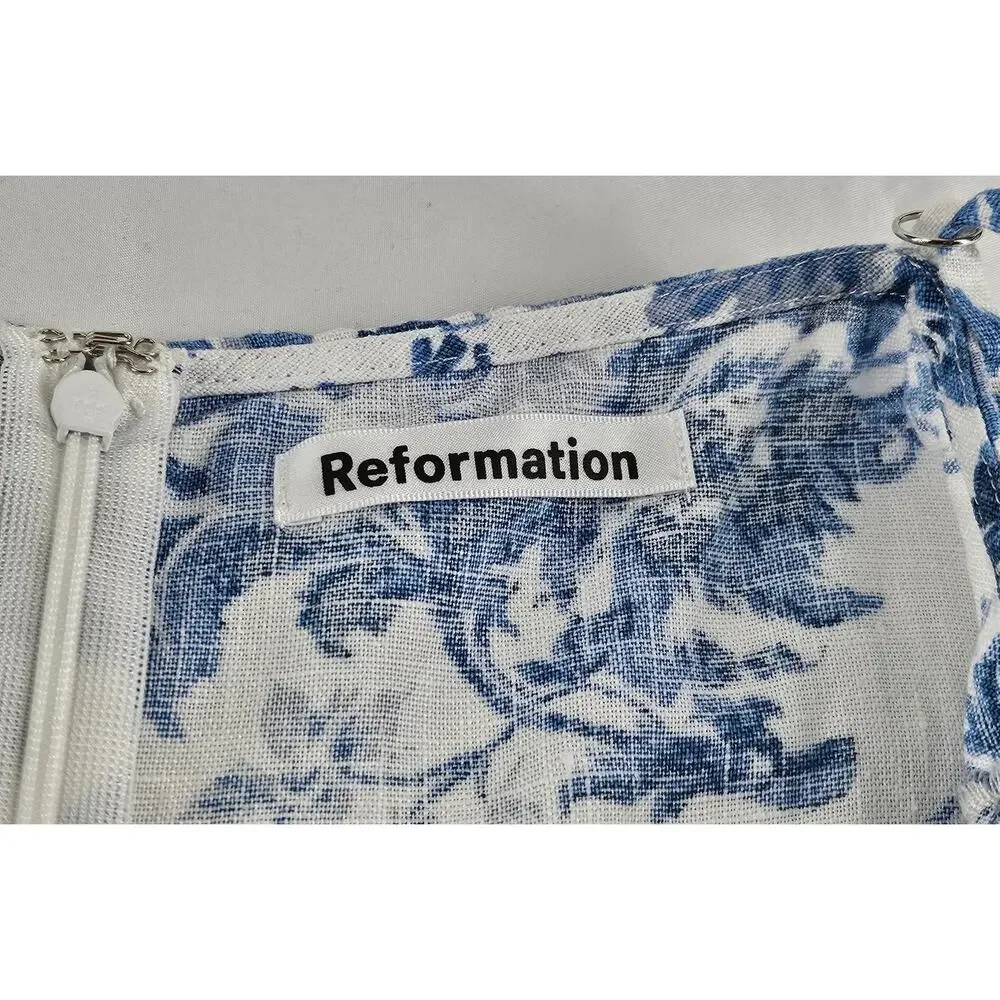 REFORMATION WOMEN'S BLUE FLORAL SUMMER DRESS – SIZE 4, 100% LINEN